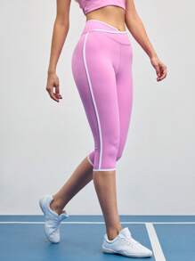 SHEIN Sports Quần legging thể thao lửng 3/4 thời trang mùa hè, phối màu tương phản, cạp chéo. - Hồng - Xem 5