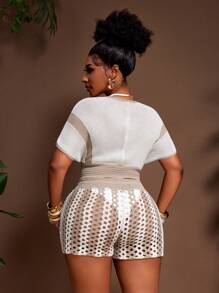 Slaydiva 2-Piece Plus Size Crochet Set: Plunging V-Neck Tie Cropped Top And Form-Fitting Crochet Shorts, Colorblock Striped, For Spring/Summer Vacation - Multicolor - View 2