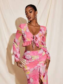 Becci Pink Floral Printed Transparent Chiffon Ruffled Tie-Up Crop Top Women Summer Vacation Top