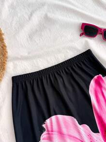 SHEIN Jupe crayon pour adolescentes avec imprimé floral contrasté noir, jupe longue transparente en maille tricotée pour les vacances, taille très basse ajustée, grands imprimés floraux, coupe sirène serrée, jupes d'automne, costume, plage