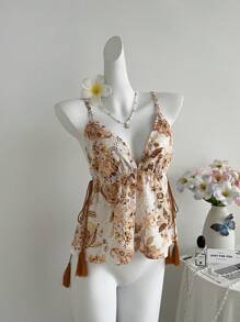 Sweetra Bohemian Embroidery & Graphic Print Camisole, Backless Spaghetti Strap Casual Vacation Tank Top - Multicolor - View 1