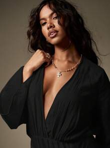 MISSGUIDED Vestido de fiesta largo de manga larga con cuello en V, de estilo informal con drapeado de gasa, con detalle de lazo lateral elegante y largo hasta el suelo - Negro - Ver 4