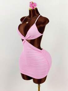 Amplova Party Dress Gold Dress  Christmas Women's Clothing Women's Solid Color Minimalist Everyday Cross-Tie Mini Dress - Pink - View 10