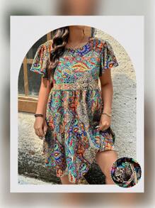 SHEIN LUNE Vestido veraniego de talla grande para mujer con cuello redondo, manga corta y diseño colorido, vestido corto de línea A para vacaciones, atuendo de playa y festival para mujer