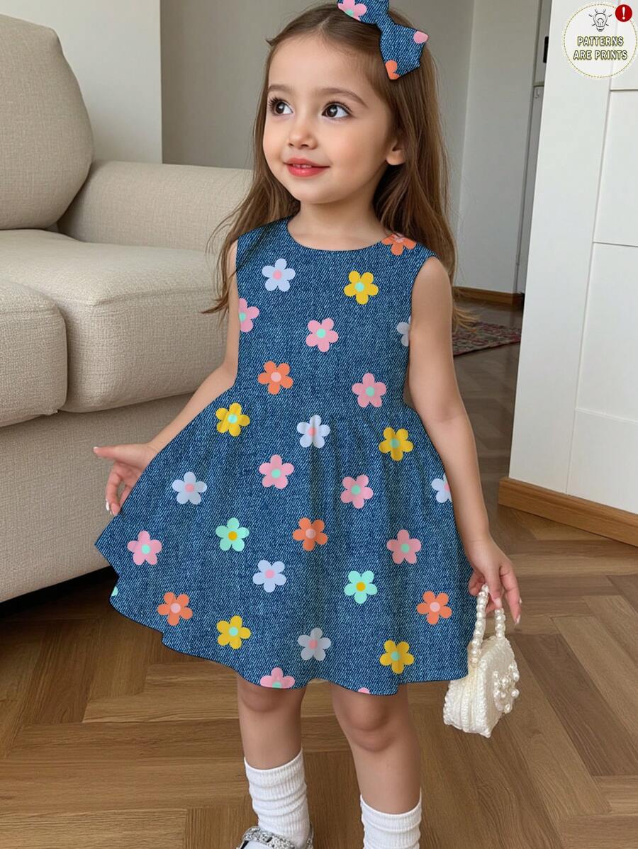 SHEIN Váy dài không tay in hoa nhiều màu dễ thương giản dị cho bé gái, phù hợp cho mùa hè - Cherished Little Joy, Princess Chic, Little Blossoms, Everyday Comfort, Chill Vacation, Korean SS Style, Cool Wear Collection, Vacay Vibes - Nhiều màu - Xem 1