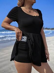 SHEIN EZwear Plus Size Jumpsuit With Butterfly Embroidery Pattern, Casual Style Suitable For Summer Beach Vacation - Black - View 3