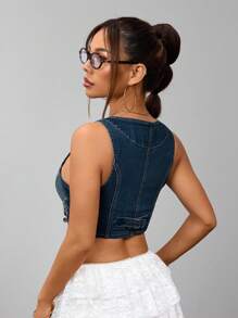 SHEIN ICON Retro Style Cropped Denim Jacket Vest - Medium Wash - View 2