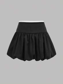Girlism Teen Girls Black Colorblock Bow Waistband Side Zipper Skirt, Peplum School Girl Athletic Mini Skirt, Back To School