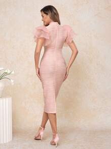 Ellevyn Damen elegantes Alltagskleid mit Mesh-Einsätzen, transparentem Layering-Look und Rüschenärmeln, tailliert geschnitten - Altrosa - Übersicht 13
