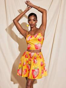 Becci Summer Fruit Printed Satin Spaghetti Straps Cowl Neck Draped Crop Cami Top Women Summer Vacation Top Summer Vacation Women Tropical Strawberry Print Top