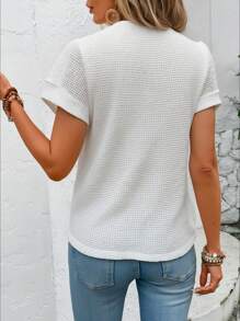 SHEIN LUNE Crew Neck Raglan Sleeve Basic Cut Casual Vacation Elegant Women T-Shirt, Textured Stripe And Waffle Knit - White - View 2
