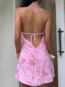 SHEIN EZwear Summer Pink Halter Backless Sequin Embroidery Mini Dress,Boho Clothes Women - Pink - View 2