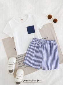 Cozy Pixies Set de 2 piezas para niños bebés con parte superior de manga corta de cuello redondo tejida de color contrastante y pantalones cortos de cintura elástica