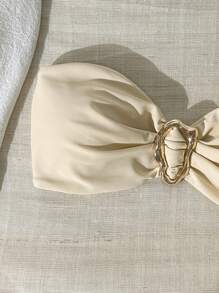 Swim Chiccia Spring Break Women Summer Solid Color Metal Decor Sexy Bow Bandeau Bikini Top Wedding Guest Bride - Apricot - View 3