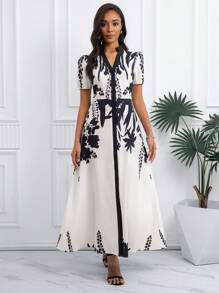 SHEIN Unity All Over Print, Contrast Collar & Placket, Front Buttons, Puff Sleeves, Stand Collar V-Neck, Elegant Casual Ladies Dress - Multicolor - View 6