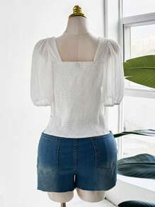 Flirla Plus Size Women Solid Color Romantic Elegant Hollow Textured Fitted Blouse Elegant Exquisite - White - View 5