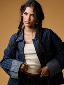 MISSGUIDED Premium Striped Denim Trucker Jacket Oversized Retro Y2K Fashion Statement Wide Cuff Winter Fall Streetwear Outerwear - Blue - View 4