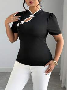 Celure Plus Size Women Elegant Solid Contrast Color Button Decor Stand Collar Short Sleeve High Stretch Knit Fabric T-Shirt, Suitable For Commuting, Work, Business Casual And Daily Wear
