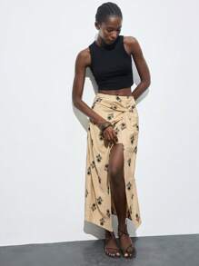 Maija 不对称印花扭结前片高腰中长裙裤，舒适休闲，适合秋季、节日、海边、外出派对等场合。 - 杏色 - 查看 6