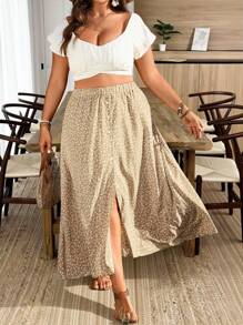 SHEIN Clasi Váy chữ A cạp chun họa tiết hoa nhỏ cỡ lớn cho nữ, xẻ tà phía trước, cài nút, mặc thường ngày/hàng ngày - Nhiều màu - Xem 1