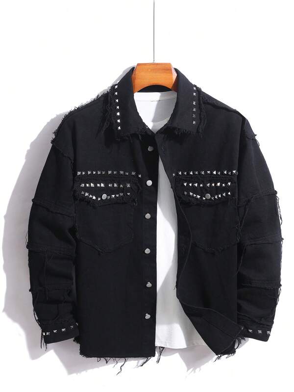 Manfinity Hypemode Chaqueta vaquera de talla grande para hombre, de un solo pecho, con bolsillo con remaches negros