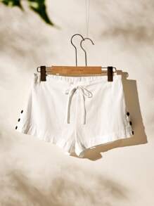 Easelle Solid Color Boho Vacation Button Accent Drawstring Casual Cotton Comfy Summer Shorts, Versatile Graduation,High Waisted Shorts - White - View 5