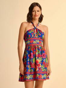 CAJUNI Vestido mini de línea A con cintura hueca, estampado floral tropical bohemio de resort para mujer, Estilo cabaña Casual de Verano