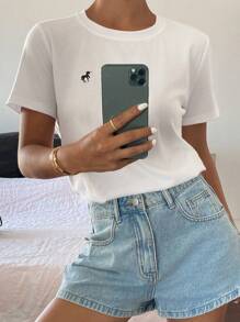 Livesso Women's Summer Round Neck Fitted Tee With Embroidered Decor, Casual Unisex Urban Style Short Sleeve T-Shirt