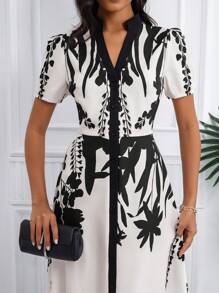 SHEIN Unity All Over Print, Contrast Collar & Placket, Front Buttons, Puff Sleeves, Stand Collar V-Neck, Elegant Casual Ladies Dress - Multicolor - View 3