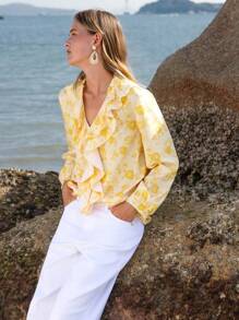 Lumivelle Camisa de mujer de manga larga con estampado floral y volante en el bajo