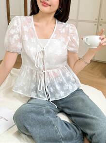 K-Vae 女士夏季白色绣花面料半透上衣蝴蝶结上衣泡泡袖短袖上衣