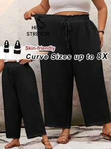 SHEIN CURVE+ Plus Size Casual Solid Color Loose Fit Long Pants Summer/Country/Beach Vacation - Black - View 1