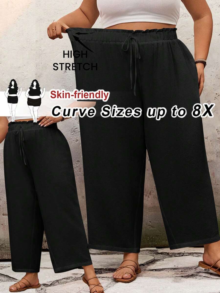 SHEIN CURVE+ Plus Size Casual Solid Color Loose Fit Long Pants Summer/Country/Beach Vacation - Black - View 1