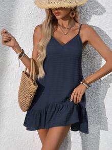 Swim Vcay Summer Clothes Women Summer Casual Beach Dress, Solid Color Textured Fabric, Adjustable Straps, Ruffle Trim Hem Coverup