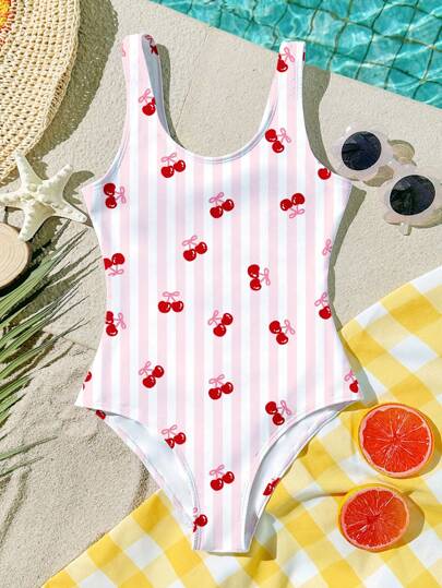 Retro Pink Striped, Cute Pink Bow Cherry Print One Piece Swimsuit For Tween Girls, Casual Minimalist Design, Perfect For Summer Vacation