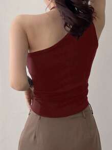 DAZY 女士不对称肩部修身吊带背心 - 酒紅色 - 查看 4