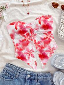 Estampado de lirio rosa de la chica de la isla Soleia, chica de coco, mujer primavera casual con estampado floral, blusa de vacaciones, top tubo, camiseta de chica de Miami de verano - Rosa - Ver 1