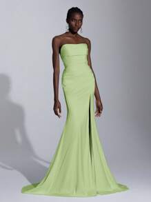 Elitara Women's Simple Solid Color Strapless High Slit Satin Wedding Dress - Mint Green - View 5