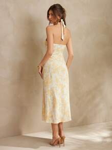 L'Amorae Women Knotted Twist Detail Halter Neck Midi Dress Boho Vacation - Multicolor - View 5