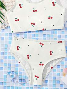 SHEIN Leap Crew Conjunto de camisola y bikini triangular informal, casual y sencillo, con estampado de cerezas con moño en forma de corazón, adecuado para vacaciones, graduación y niñas jóvenes - Multicolor - Ver 3