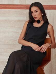 Dazy-Less Falda de tul con dobladillo de cola de sirena para mujer, elegante conjunto de vestido de dos piezas con cinturón de borlas y lazo floral para uso casual, de negocios o de vacaciones