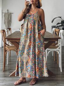 SHEIN VCAY Plus Size Women Resort Style Print Camisole Dress,Summer Dresses For Women,Maxi Dress