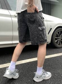 SHEIN Pantalones cortos vaqueros anchos y sueltos con diseño de bolsillos de carga y dobladillo, estilo casual y cómodo de moda para adolescentes, ropa de verano y primavera para niños, ropa de otoño para volver al colegio, estilo streetwear punk de old money - Negro - Ver 2