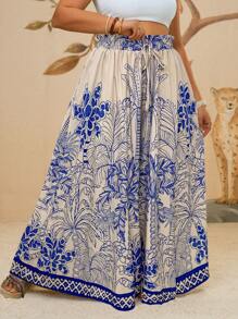 Travachic Plus Size Women Bohemian Green Floral Print Loose Wide Leg Pants, Casual Summer Vacation Boho Style