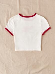 Tween Girls' Casual Fashion Cute Cherry Print Contrast Color Short Sleeve T-Shirt, Spring/Summer