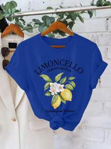 SHEIN Holidaya Camiseta de manga corta y cuello redondo con estampado de limones y letras, talla grande - suave, transpirable, microelástica, top casual para verano y primavera - ropa de mujer de talla grande con ajuste regular, camisetas gráficas para mujeres