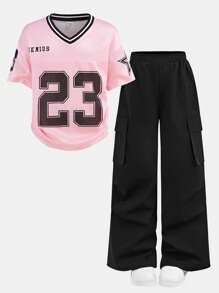 SHEIN Girlism Tween Girl Casual Streetwear Loose Jersey Print Top And Wide Leg Pants 2-Piece Set