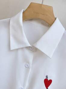 Franclia 女式白色休闲宽松心形刺绣短袖衬衫 - 白色 - 查看 5