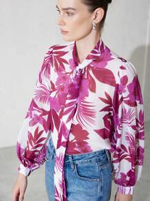 Aveloria Modichic Random Plant Print Tie Front Chiffon Long Sleeve Sheer Shirt, Summer Fall Cloth For Women - Multicolor - View 2