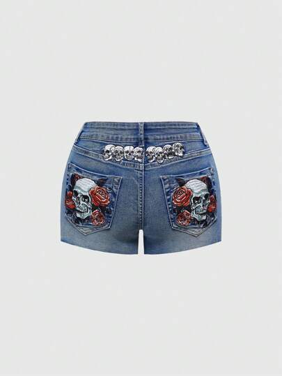 ROMWE Avant Women Cute Skull Rose Embroidery Denim Shorts